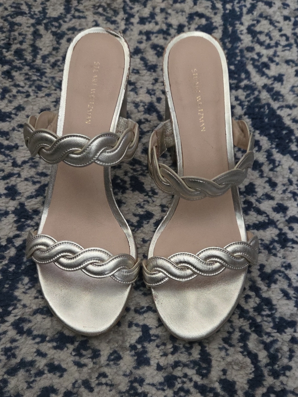 Stuart Weitzman Metallic Gold Braided Strap Mule Heels
